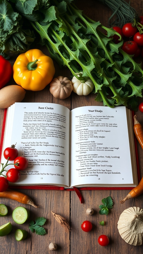 Open cookbook surrounded by fresh vegetables and herbs.