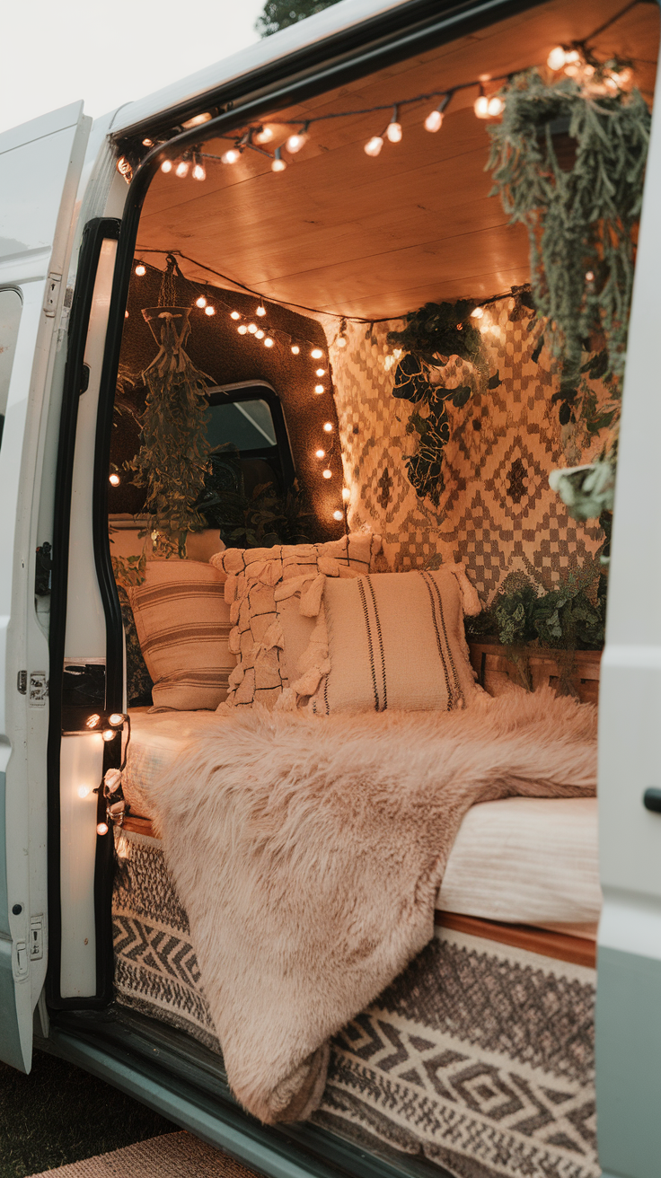 Cozy van interior featuring a bed nook with soft pillows, blankets, and decorative lights.