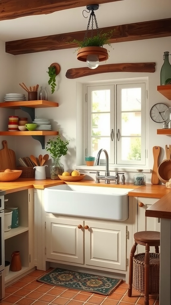 A cozy farmhouse kitchen featuring wooden beams, open shelves with colorful dishes, a rustic sink, and natural light.