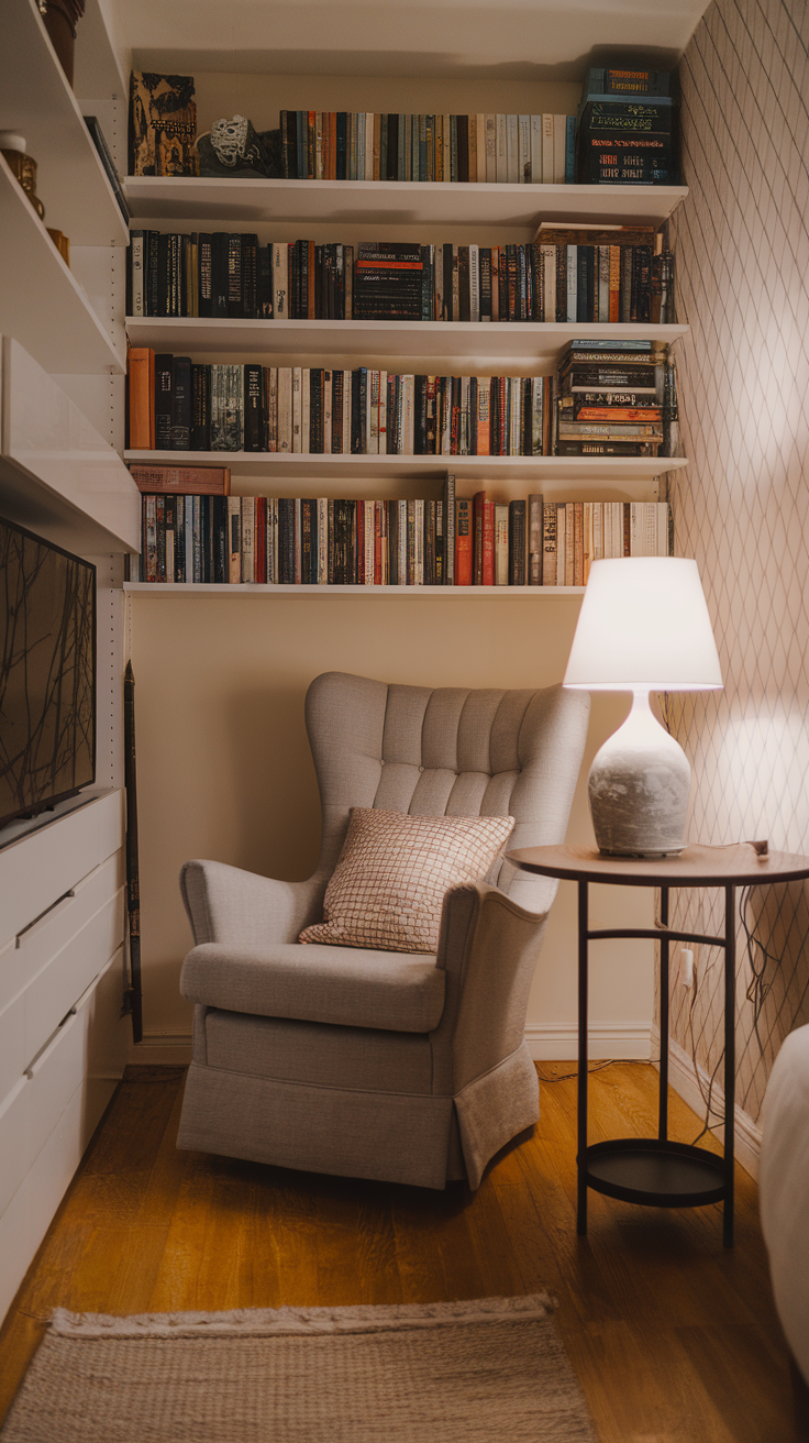 A cozy reading nook with a plush chair, a lamp, and bookshelves filled with books.