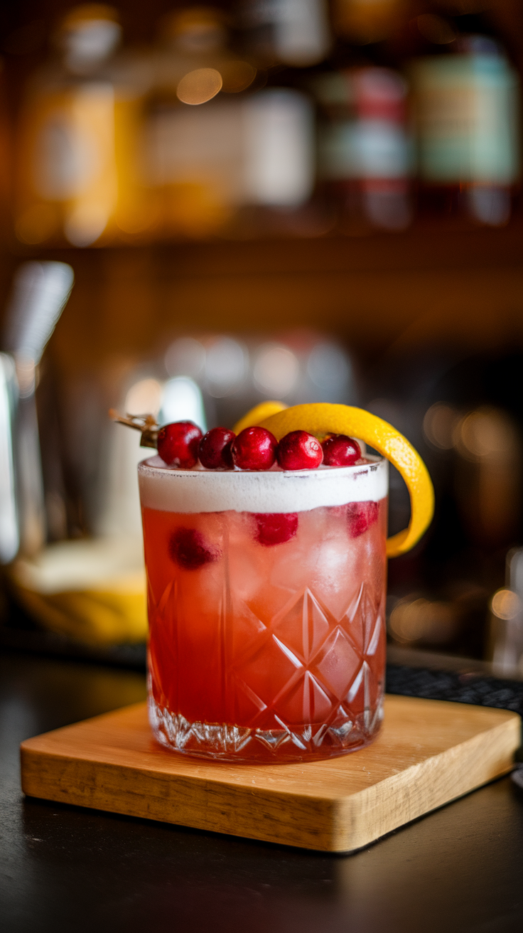 A glass of Cranberry Bourbon Sour cocktail garnished with cranberries and a lemon twist on a wooden coaster