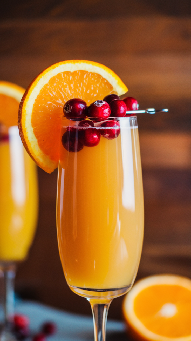 A glass of cranberry orange mimosa garnished with a slice of orange and cranberries.