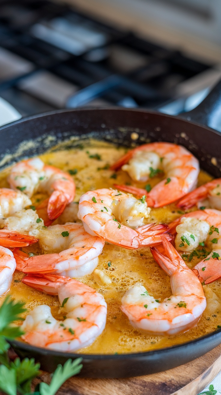 A skillet with creamy garlic butter shrimp, garnished with parsley.