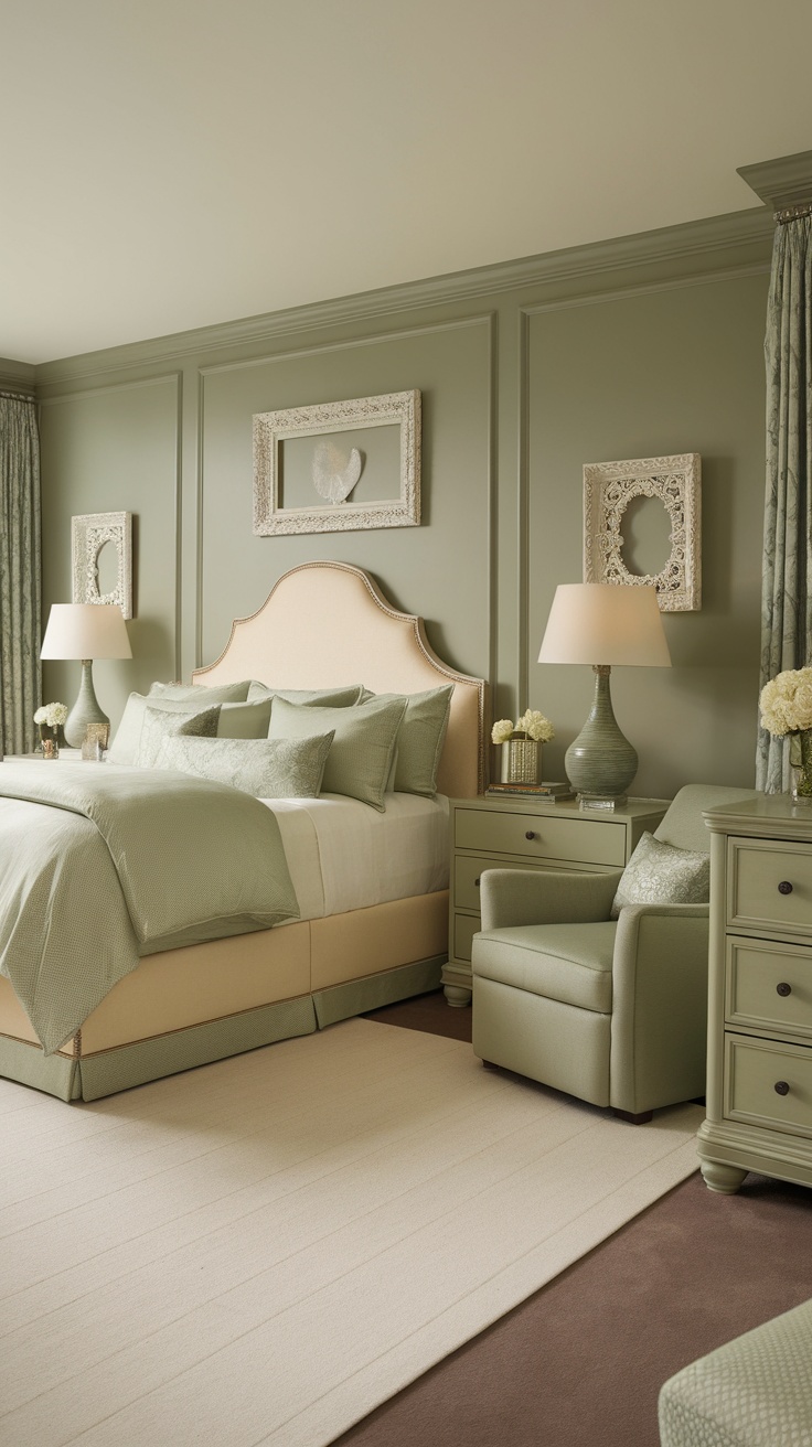 A serene bedroom featuring sage green walls and cream-colored furniture, with soft bedding and decorative accents.