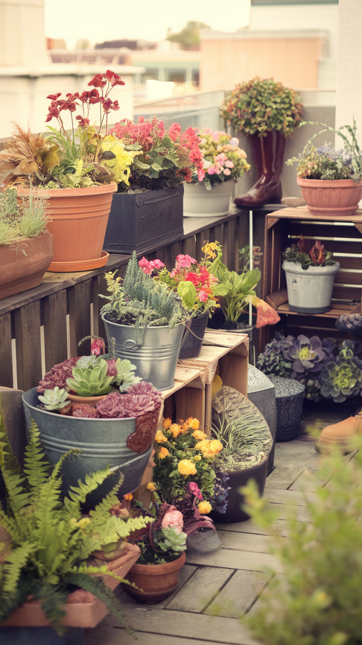 A variety of plants arranged in creative containers on a balcony.