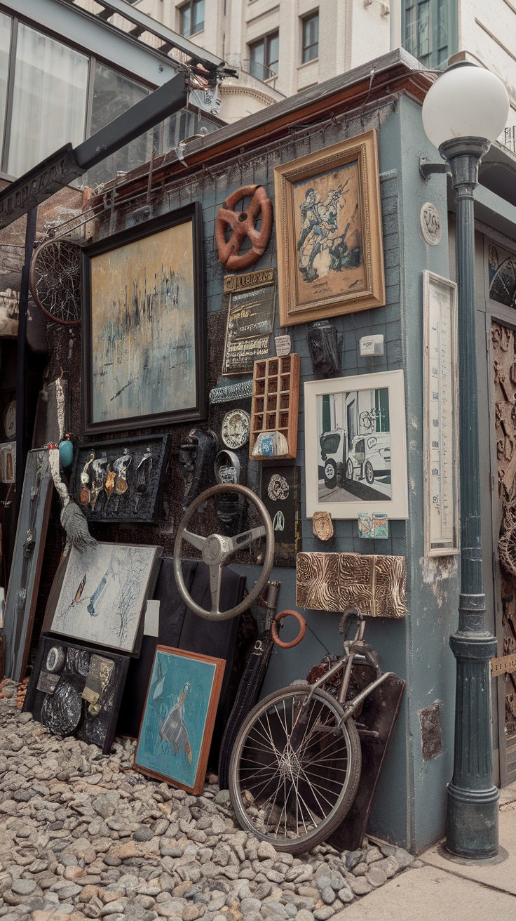 A creative outdoor art display featuring various eclectic items like paintings, a bicycle, and decorative objects.