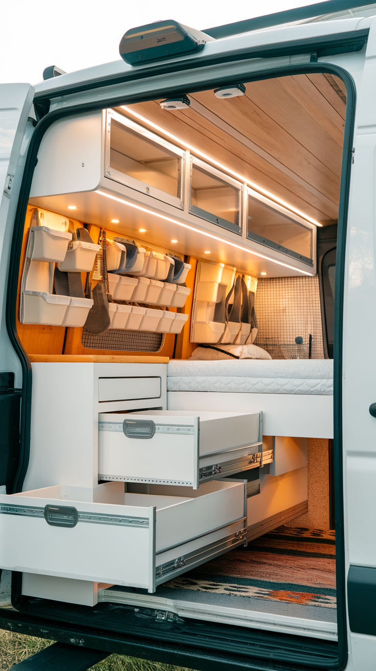 Interior of a van showcasing organized storage with drawers and hanging shelves.