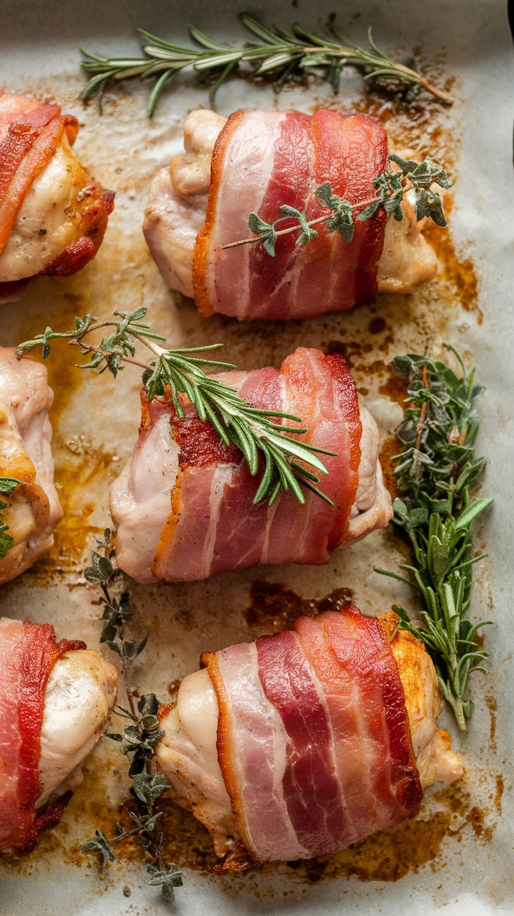 Crispy bacon-wrapped chicken thighs with herbs on a baking sheet.