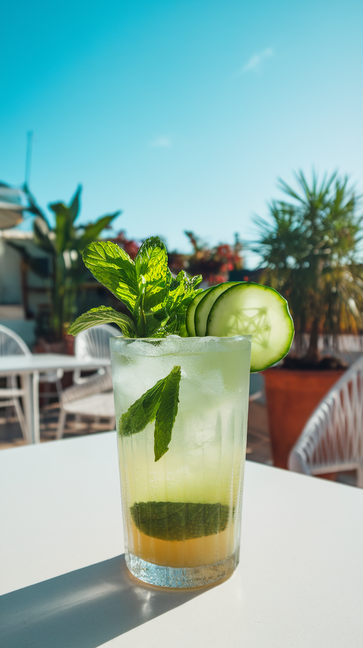 A refreshing Cucumber Mint Cooler with cucumber slices and mint leaves.