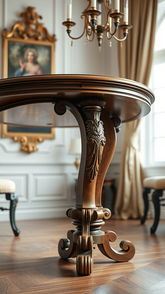 A beautifully crafted wooden table with curved legs, showcasing Rococo design elements.