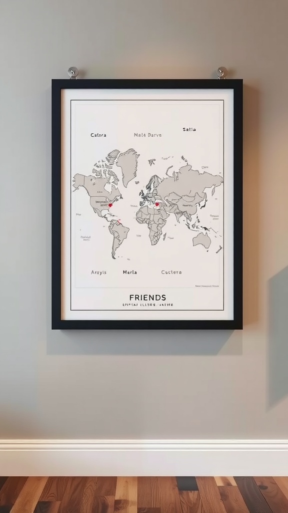 Custom map art featuring locations marked with red dots, framed on a wall.