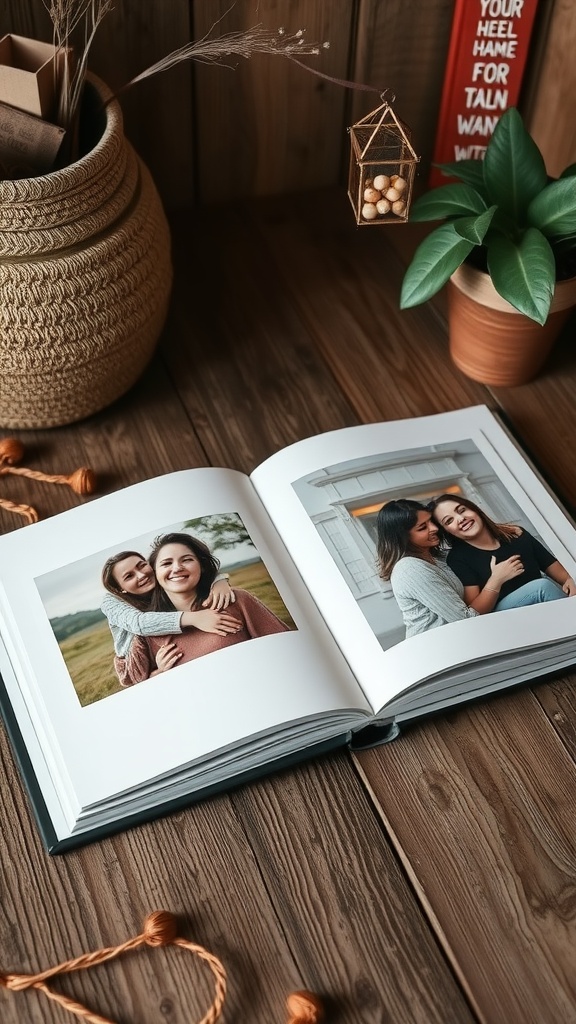 Open custom photo album on a wooden table with two photos showing friends together.