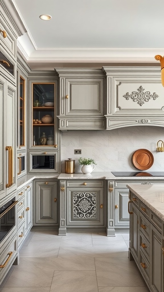 An elegant kitchen with customized cabinetry featuring intricate designs and stylish hardware.