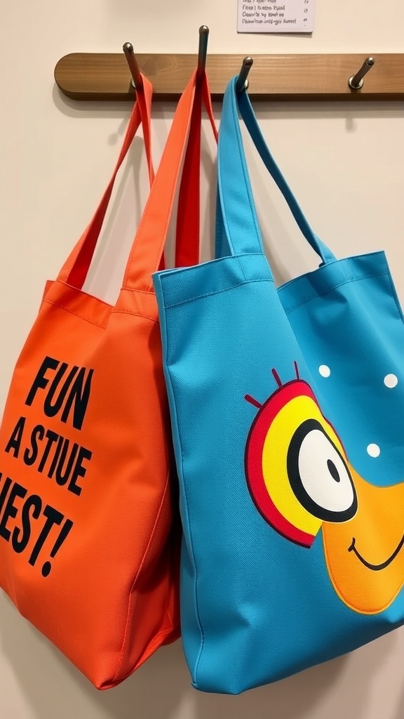 Two colorful tote bags hanging on a hook, one orange with black text and one blue with a cartoon face.