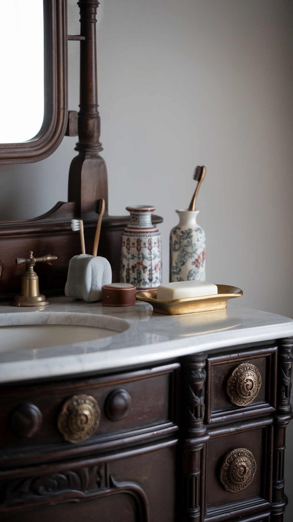 Dark wood vanity with marble top, featuring ornate details and vintage accessories.