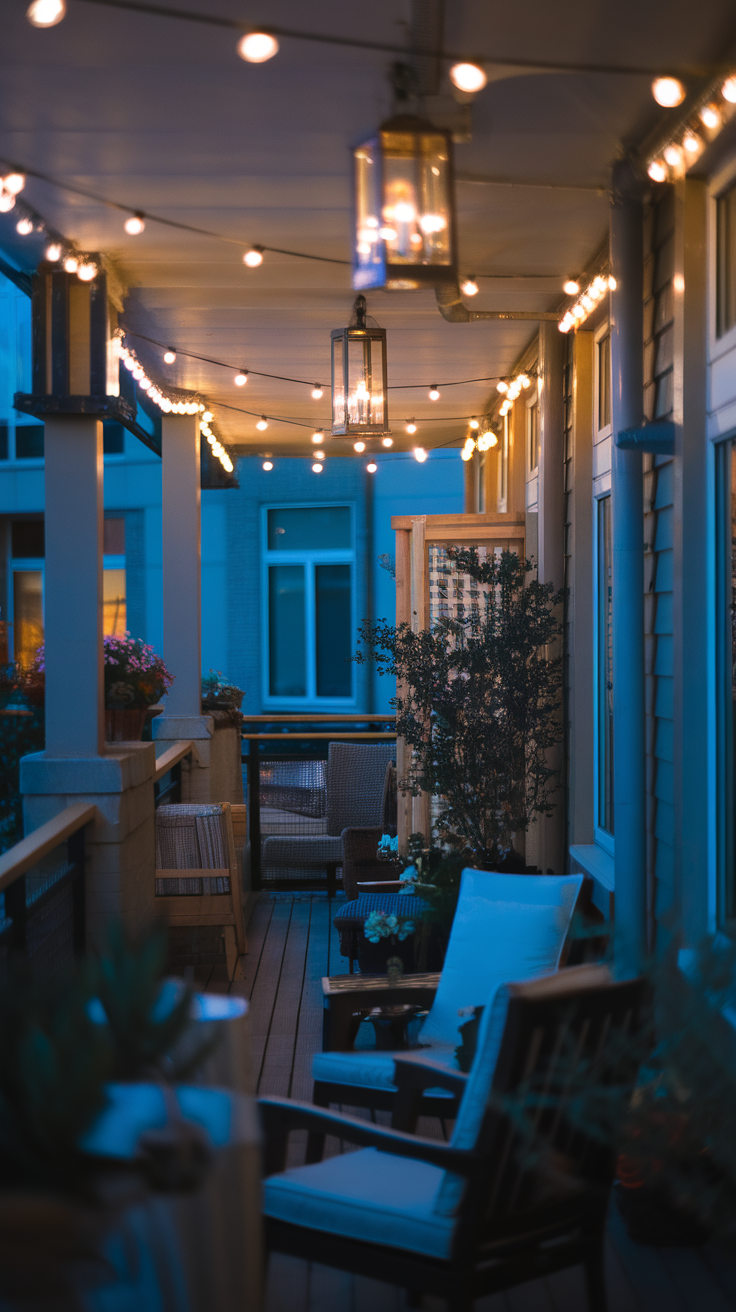 A beautifully lit outdoor patio featuring string lights and lanterns.