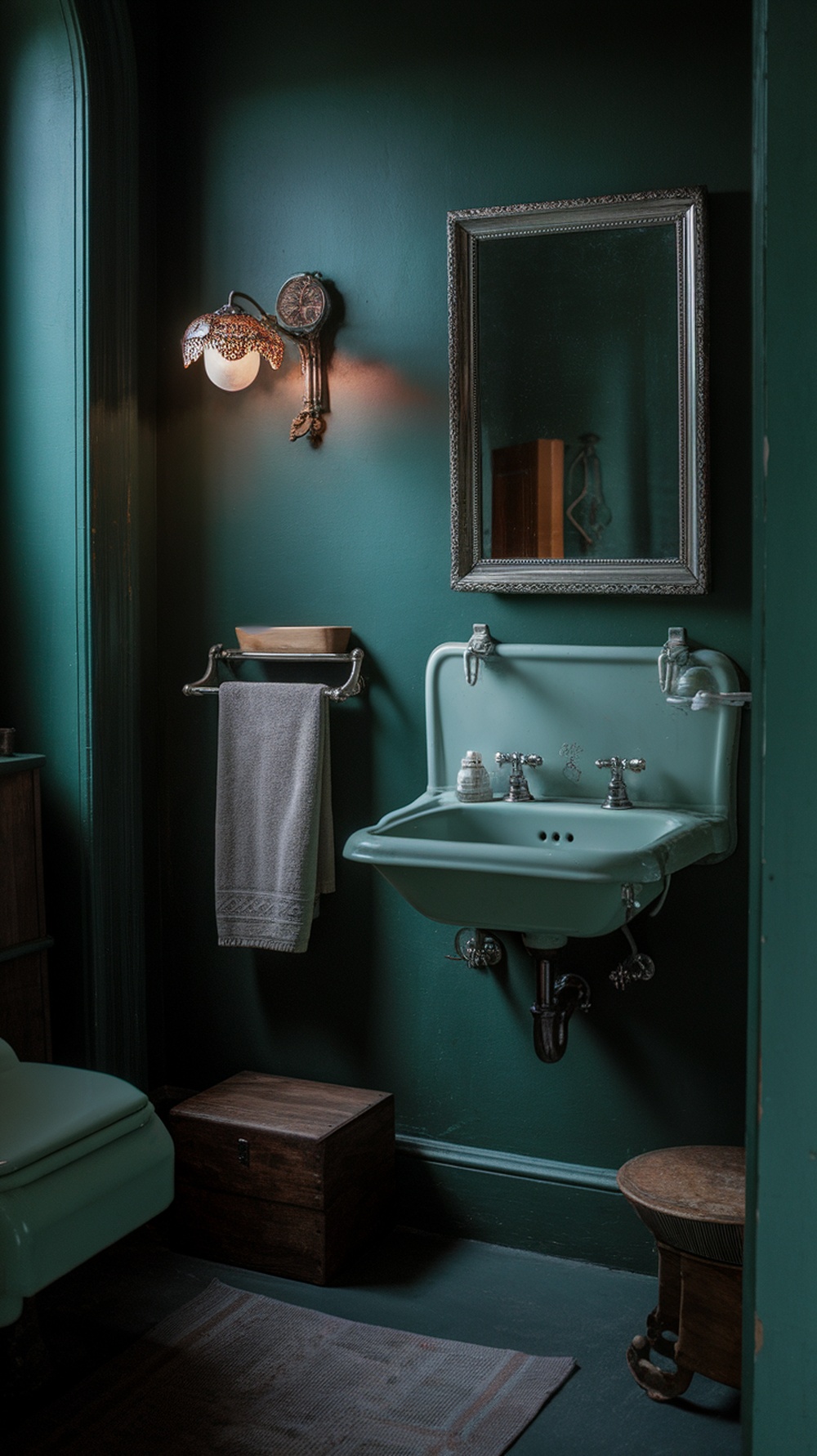 A vintage bathroom with deep forest green walls, featuring a vintage sink, elegant lighting, and wooden accents.