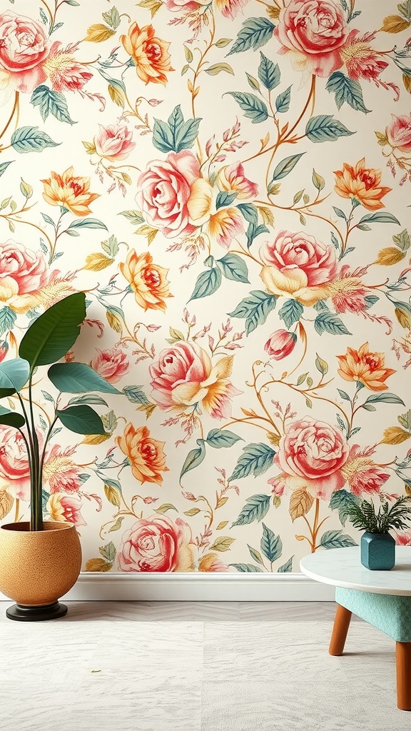 A room featuring delicate floral wallpaper with roses and leaves.