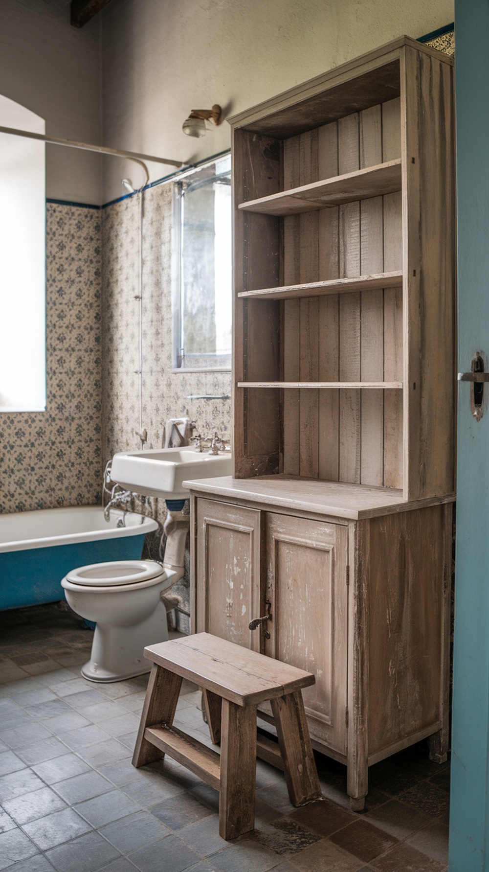 A vintage bathroom featuring a distressed wooden cabinet, a wooden stool, and a blue bathtub.