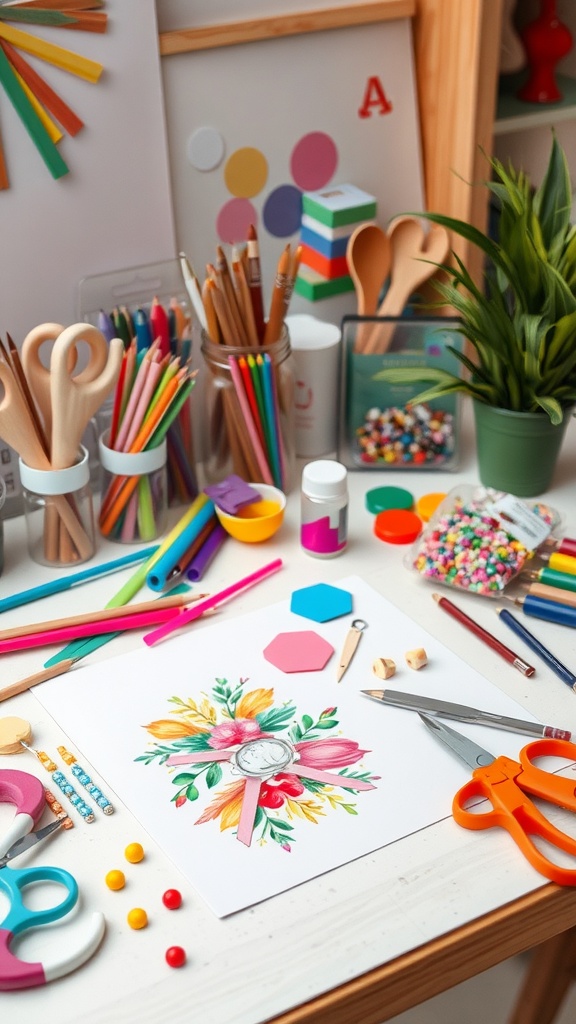 A colorful DIY craft kit with various art supplies, including scissors, markers, and decorative materials.