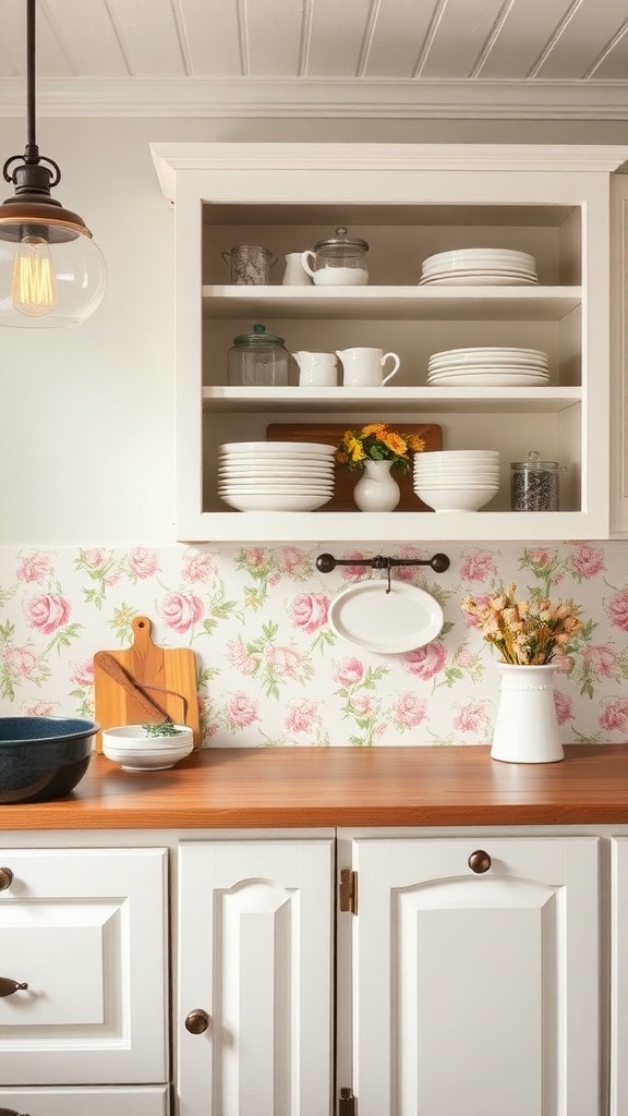 A cozy DIY French cottage kitchen featuring open shelves with white dishes, a wooden countertop, and floral wallpaper.