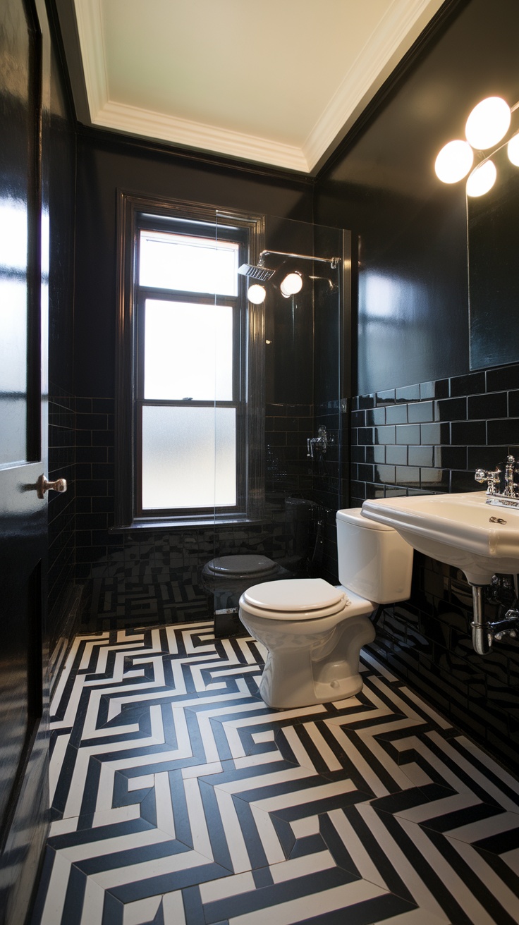 A modern bathroom featuring black walls, black tiles, and a patterned black and white floor.