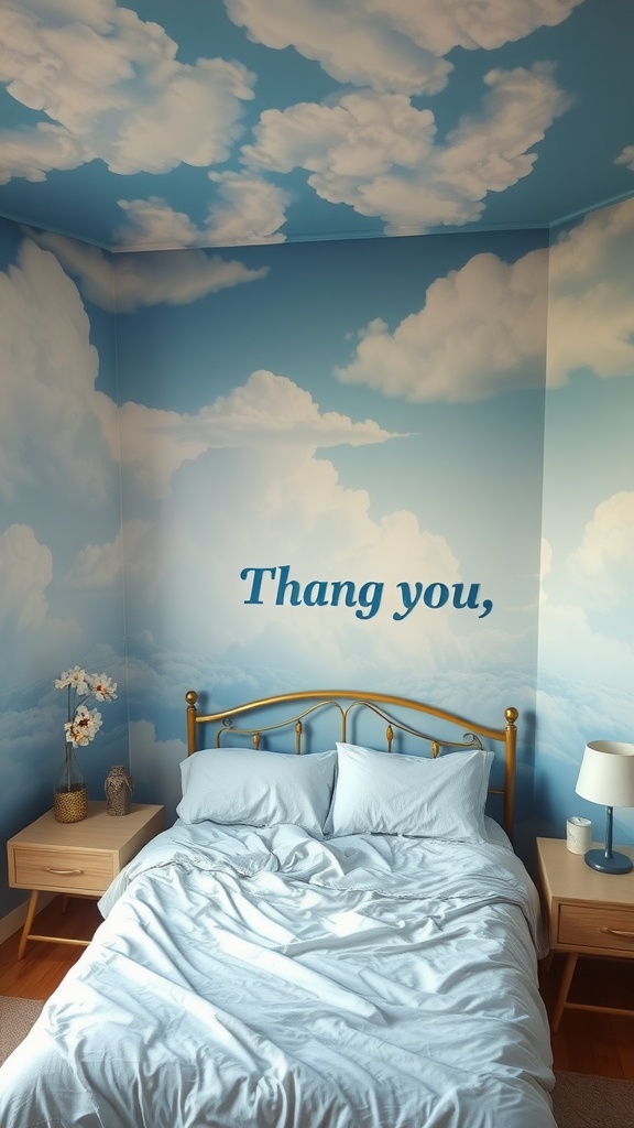 Bedroom with cloud murals on walls and ceiling featuring a gold bed frame and light blue bedding.