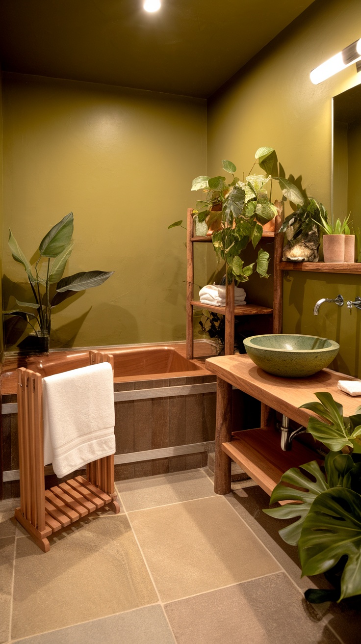 A bathroom featuring earthy olive green walls, wooden accents, and indoor plants.