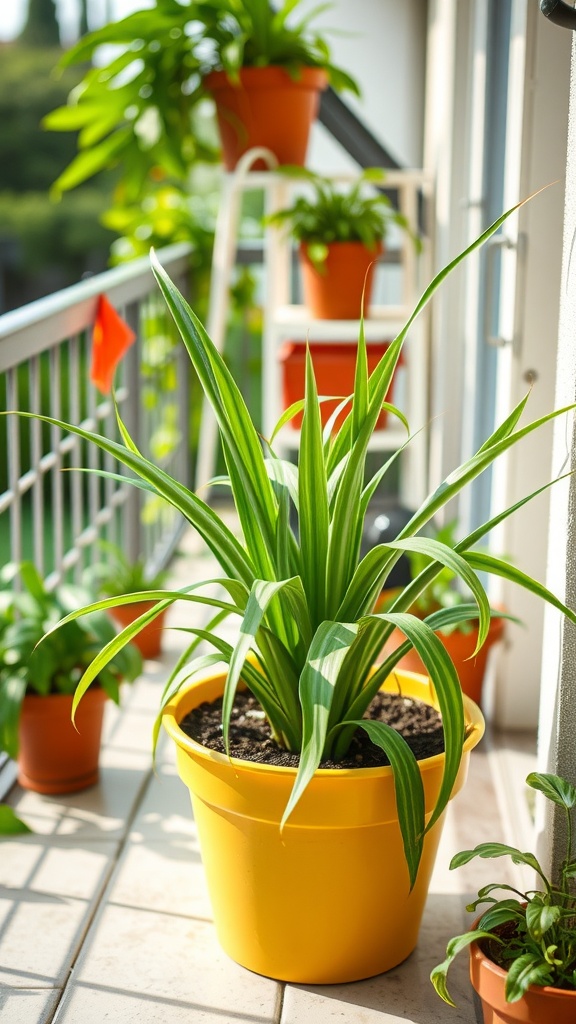 A bright yellow pot containing a green spider plant, surrounded by smaller plants on a balcony.