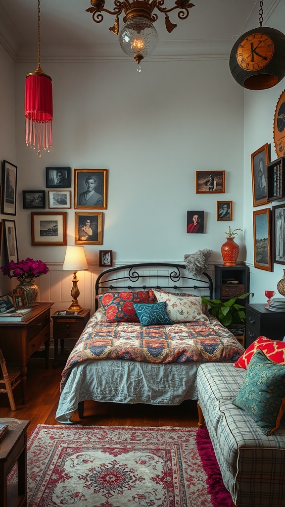 A cozy bedroom with eclectic decor, featuring a mix of artwork, vibrant cushions, and unique lighting.