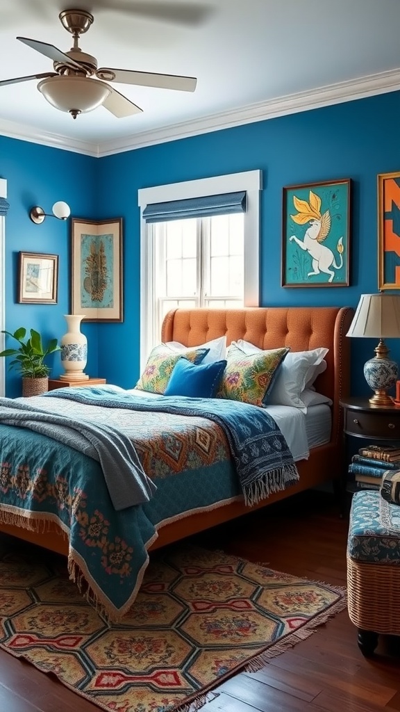 A cozy bedroom featuring a mix of blue textiles, an orange bed, and eclectic decor elements.