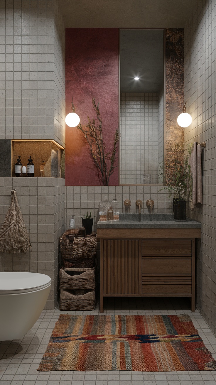 A modern apartment bathroom featuring a mix of textures and earthy tones.