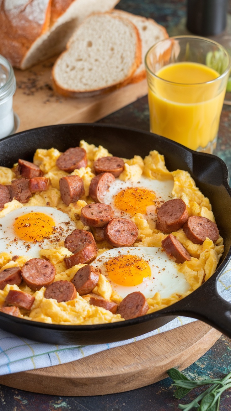 Egg and sausage breakfast skillet with toast and orange juice