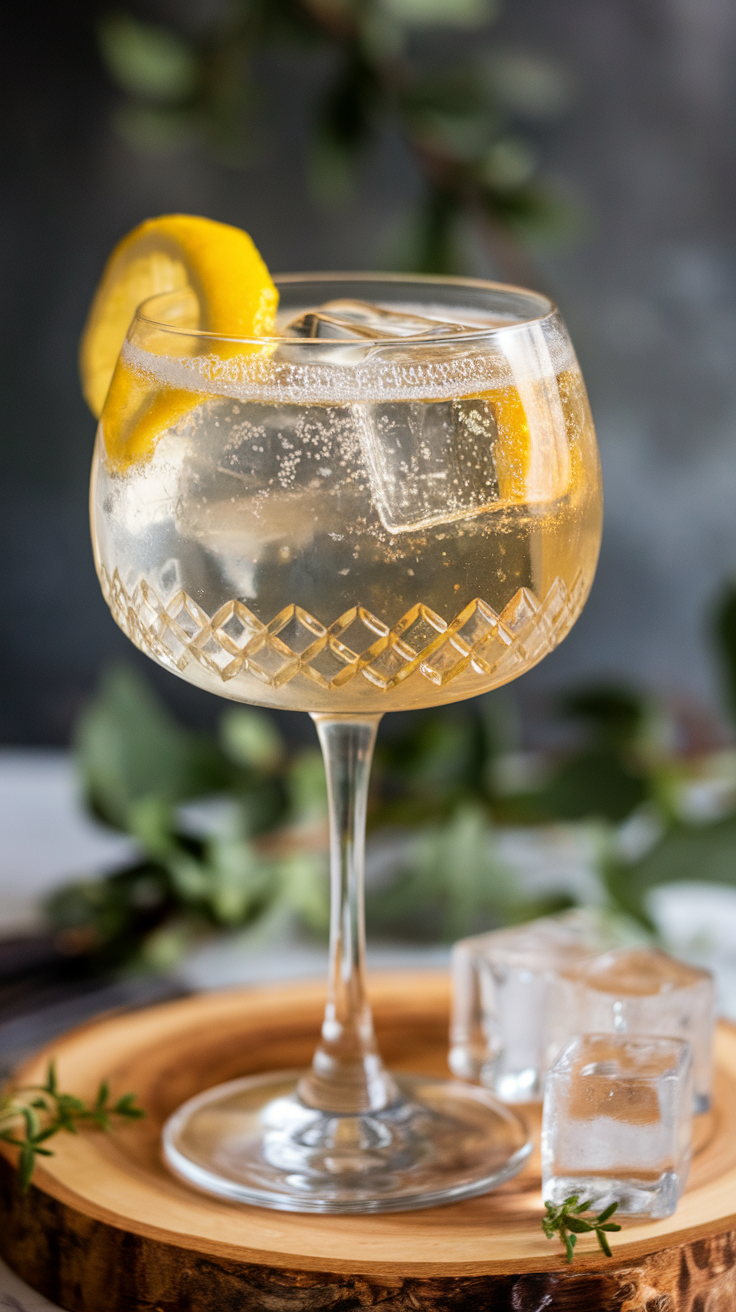 A refreshing Elderflower Spritz cocktail with a lemon slice on the rim, served in a crystal glass with ice.