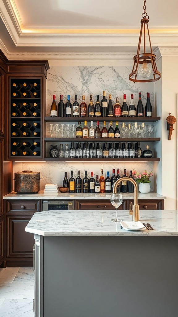 A sophisticated kitchen bar area featuring marble countertops, wine storage, and a variety of bottles.