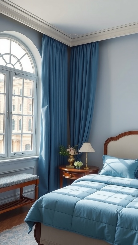 A blue bedroom featuring elegant drapery, a neatly made bed, and a wooden side table with a lamp.