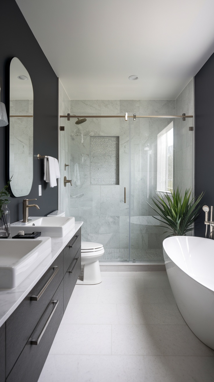 A modern bathroom featuring a charcoal gray accent wall, white fixtures, and natural elements.