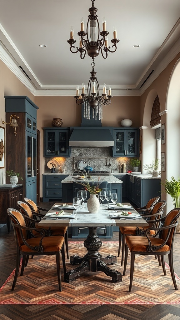 A stylish kitchen with a dining area, featuring a marble table and elegant chairs.