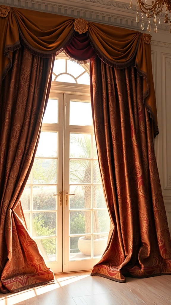 Luxurious drapery with ornate designs framing a window.