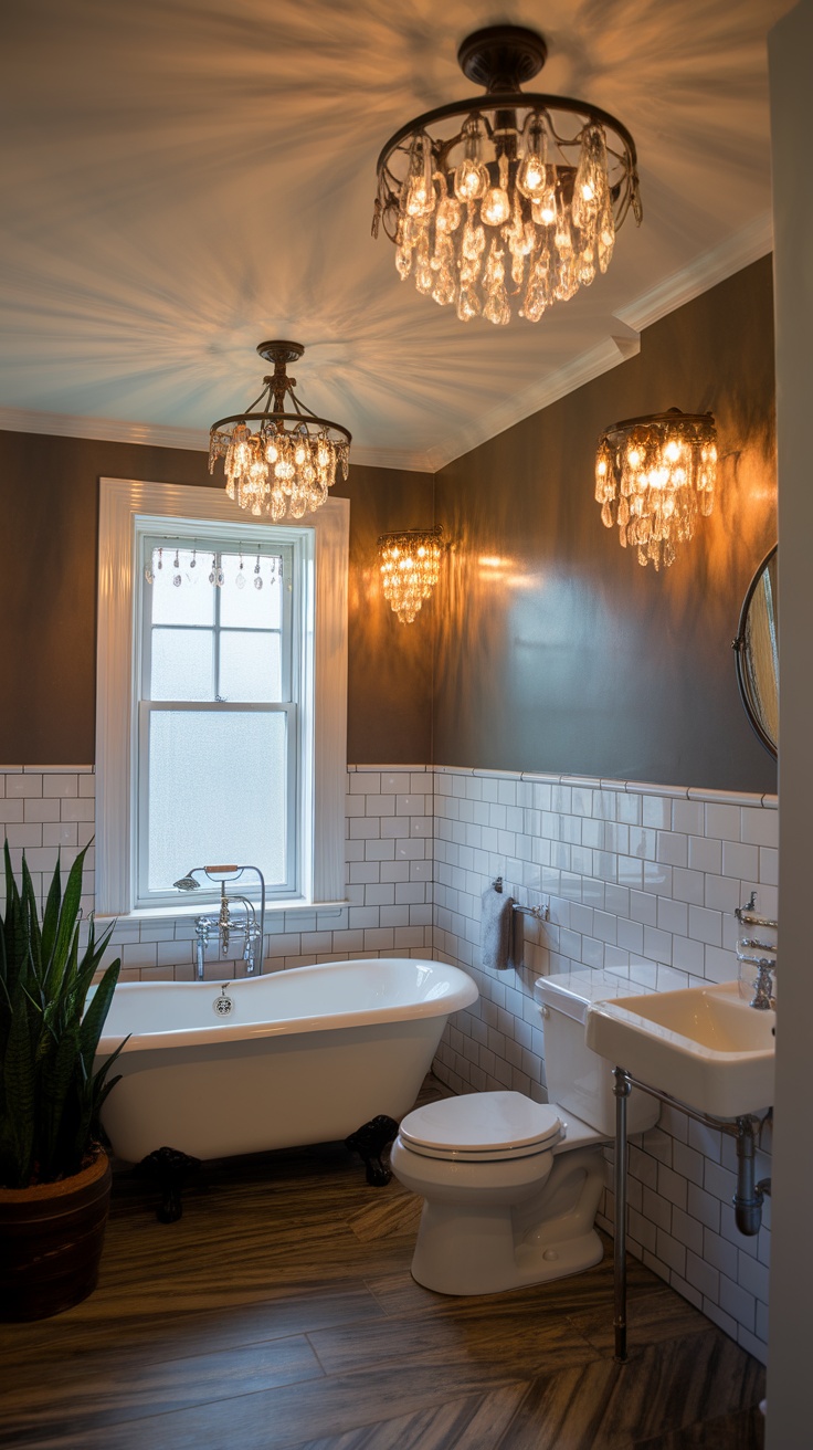 Stylish bathroom with elegant lighting fixtures and modern decor.