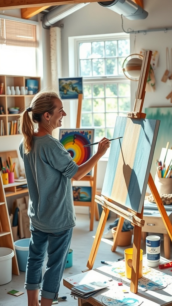 A person painting on an easel in a bright, creative studio filled with art supplies.