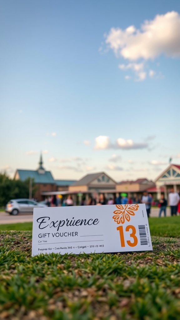 A gift voucher for experiences placed on grass with a blurred background of people and buildings.