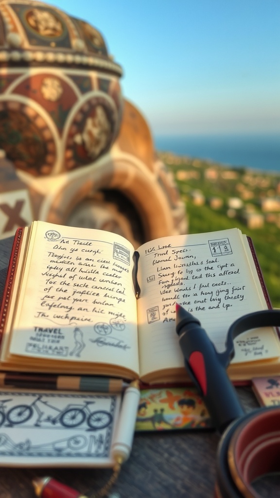 An open journal with handwritten notes, a pen, and decorative elements, set against a scenic backdrop.