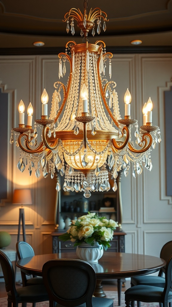 An exquisite chandelier with crystals and a warm glow, hanging above a dining table.