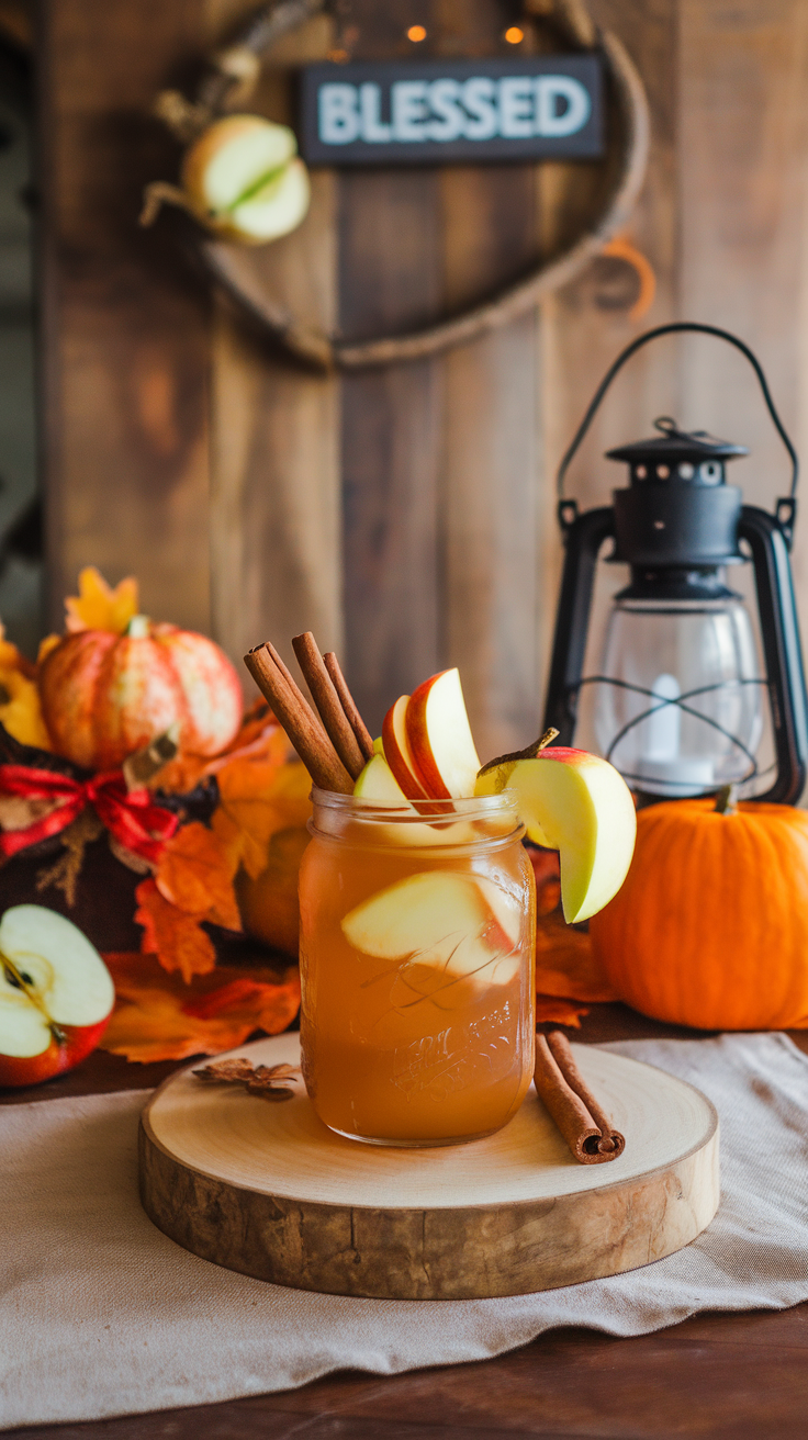 A glass of apple cider with cinnamon sticks and apple slices, surrounded by autumn decorations.