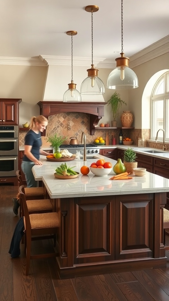 A family-friendly kitchen with a large island, featuring fresh fruits and vegetables on the counter.