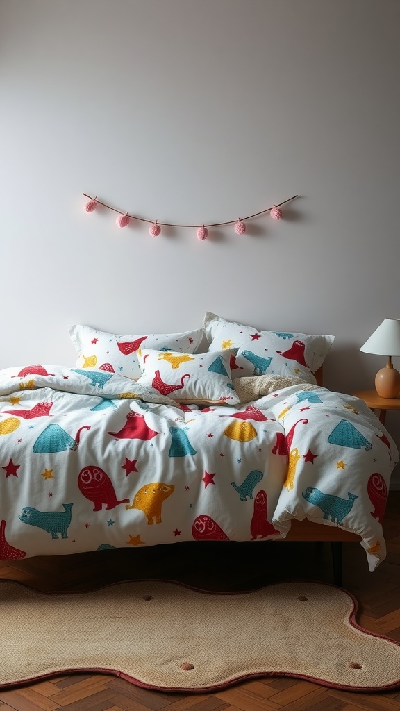 Colorful bedding with whimsical patterns featuring fantastical creatures and stars.