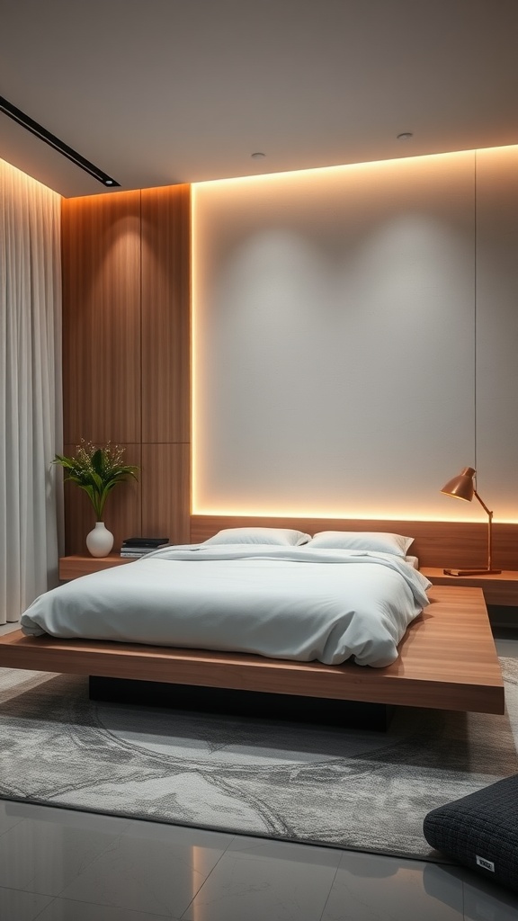 A modern bedroom featuring a floating bed design with soft white bedding and ambient lighting.