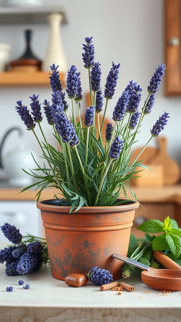 A vibrant lavender plant in a terracotta pot, surrounded by fresh mint and cinnamon sticks.