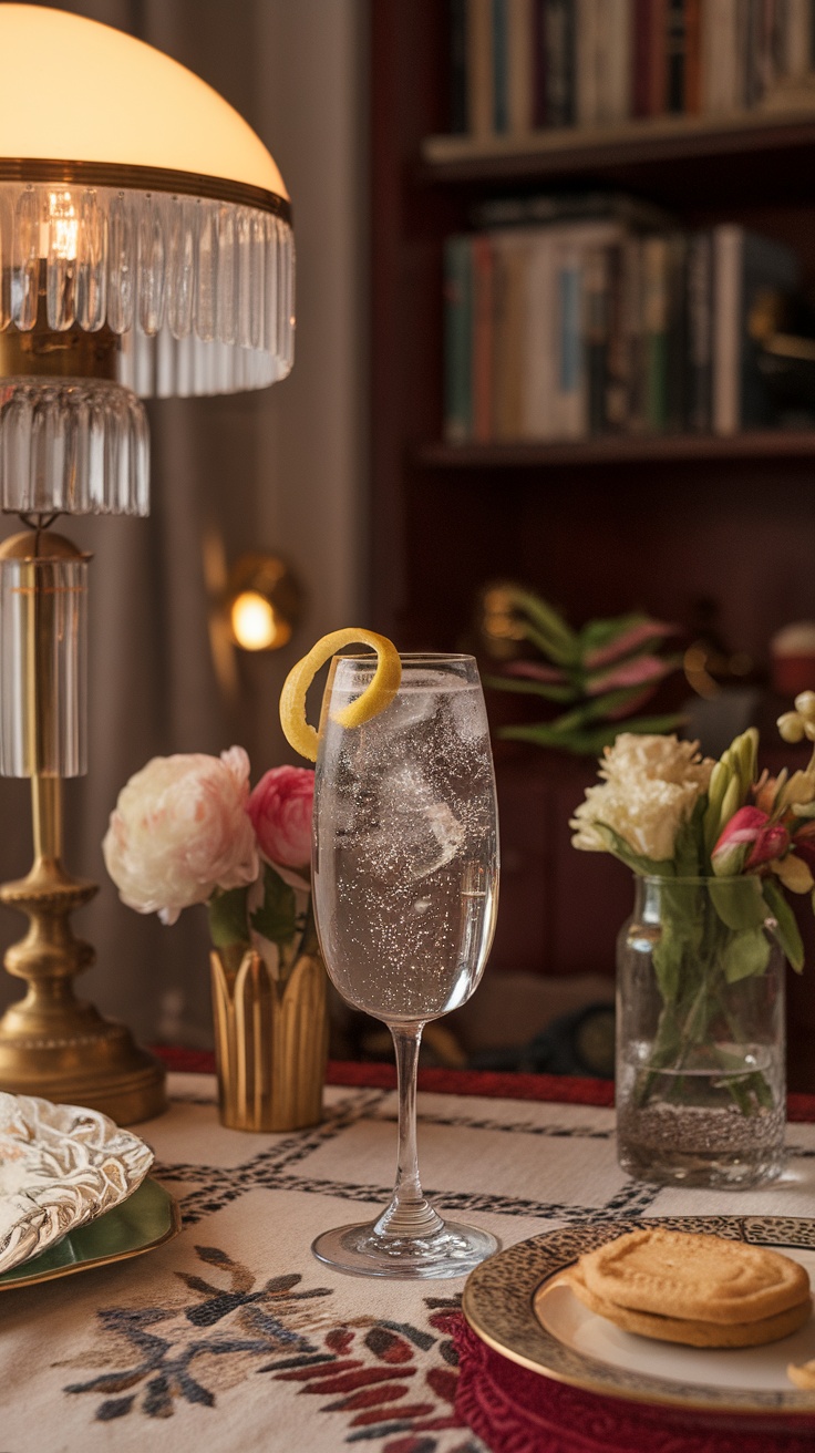 A glass of French 75 cocktail with a lemon twist on a festive table with flowers and snacks.